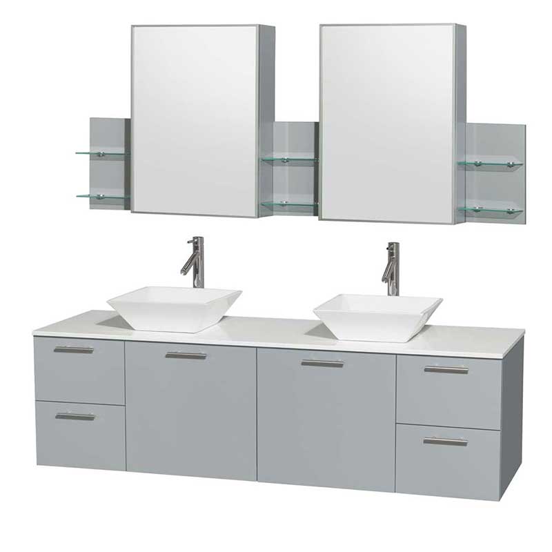 Amare 72" Double Bathroom Vanity in Dove Gray, White Man-Made Stone Countertop, Pyra White Porcelain Sinks and Medicine Cabinet