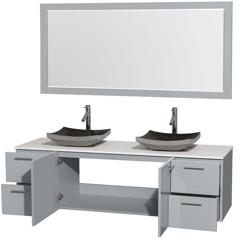 Amare 72" Double Bathroom Vanity in Dove Gray, White Man-Made Stone Countertop, Altair Black Granite Sinks and 70" Mirror 2