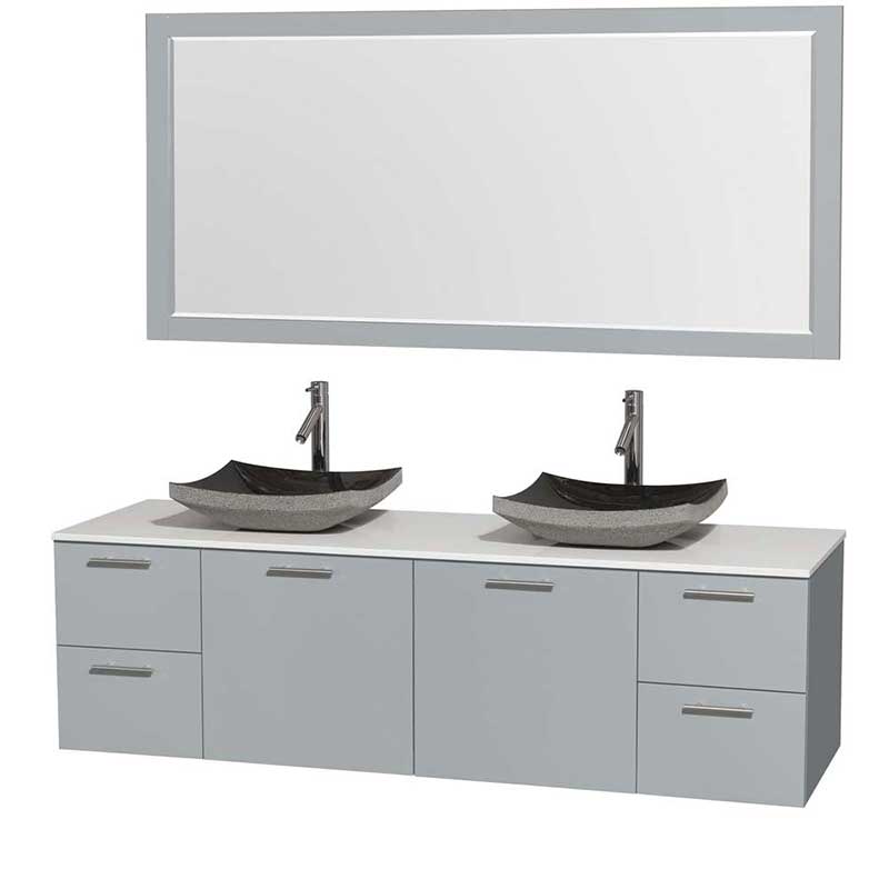 Amare 72" Double Bathroom Vanity in Dove Gray, White Man-Made Stone Countertop, Altair Black Granite Sinks and 70" Mirror