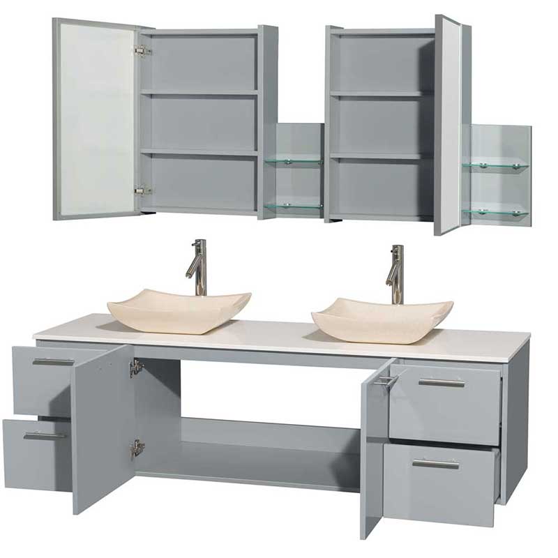 Amare 72" Double Bathroom Vanity in Dove Gray, White Man-Made Stone Countertop, Avalon Ivory Marble Sinks and Medicine Cabinet 2