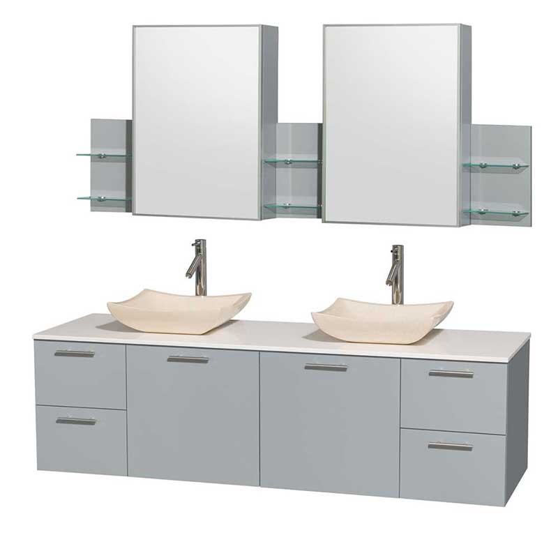 Amare 72" Double Bathroom Vanity in Dove Gray, White Man-Made Stone Countertop, Avalon Ivory Marble Sinks and Medicine Cabinet