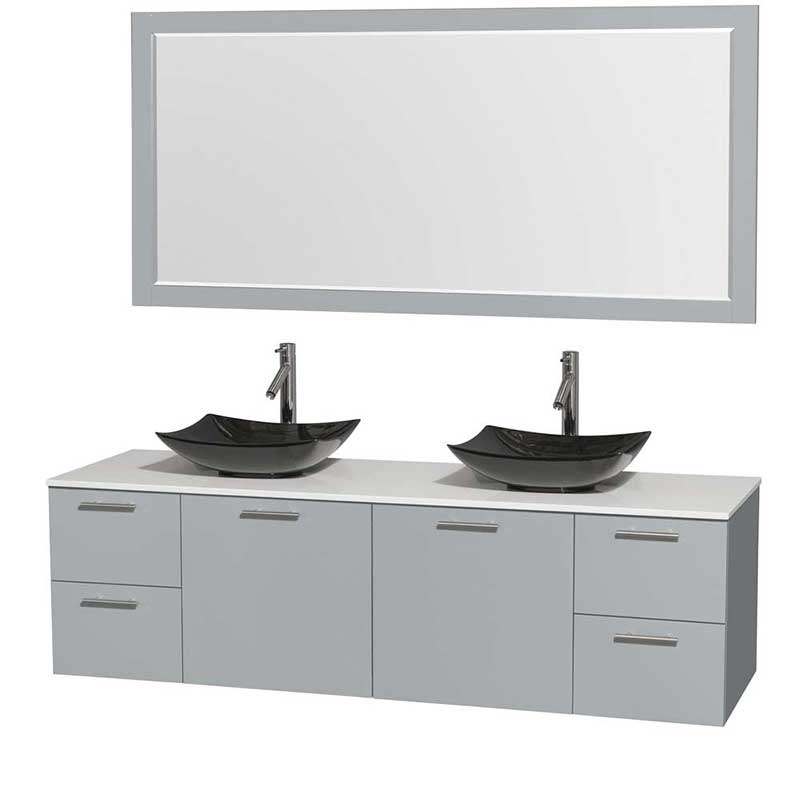 Amare 72" Double Bathroom Vanity in Dove Gray, White Man-Made Stone Countertop, Arista Black Granite Sinks and 70" Mirror