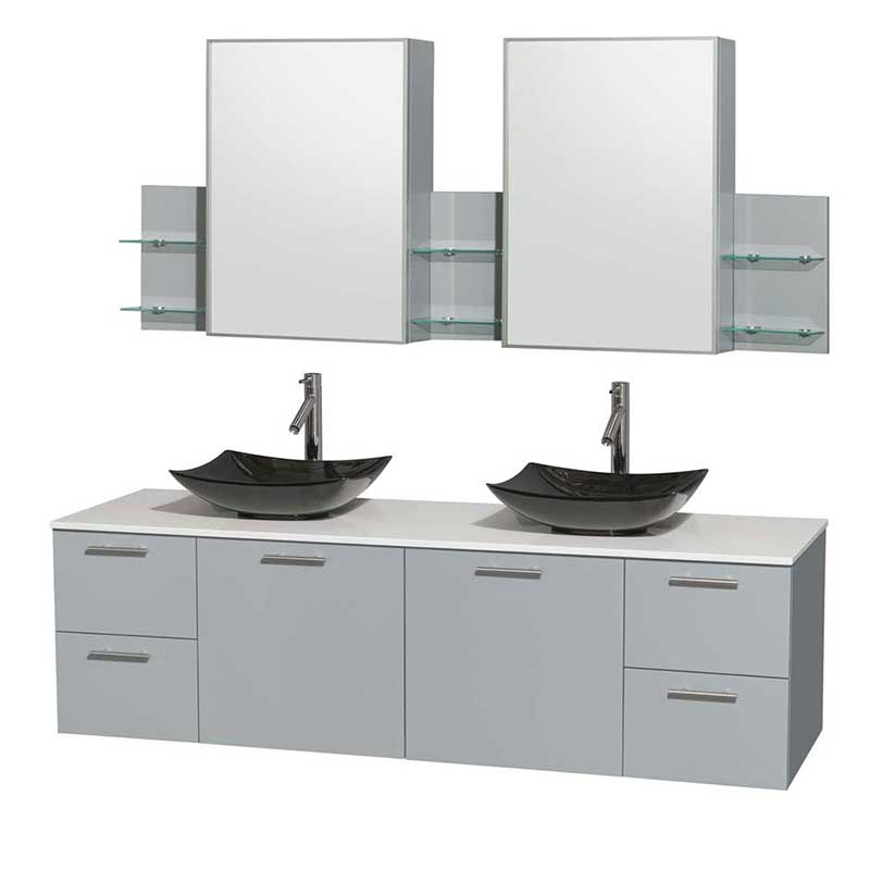 Amare 72" Double Bathroom Vanity in Dove Gray, White Man-Made Stone Countertop, Arista Black Granite Sinks and Medicine Cabinet