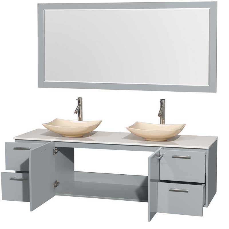 Amare 72" Double Bathroom Vanity in Dove Gray, White Man-Made Stone Countertop, Arista Ivory Marble Sinks and 70" Mirror 2