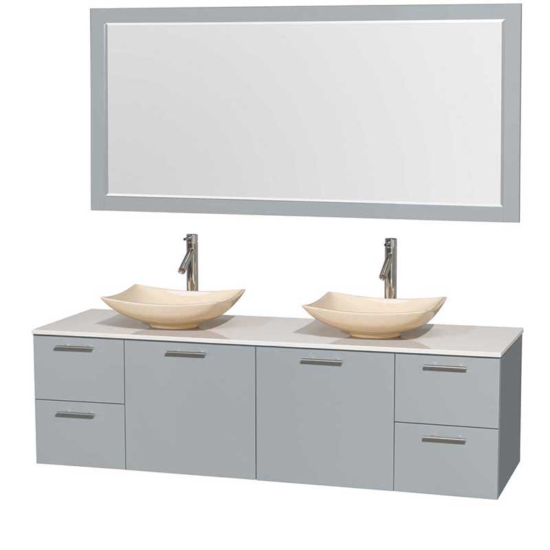 Amare 72" Double Bathroom Vanity in Dove Gray, White Man-Made Stone Countertop, Arista Ivory Marble Sinks and 70" Mirror