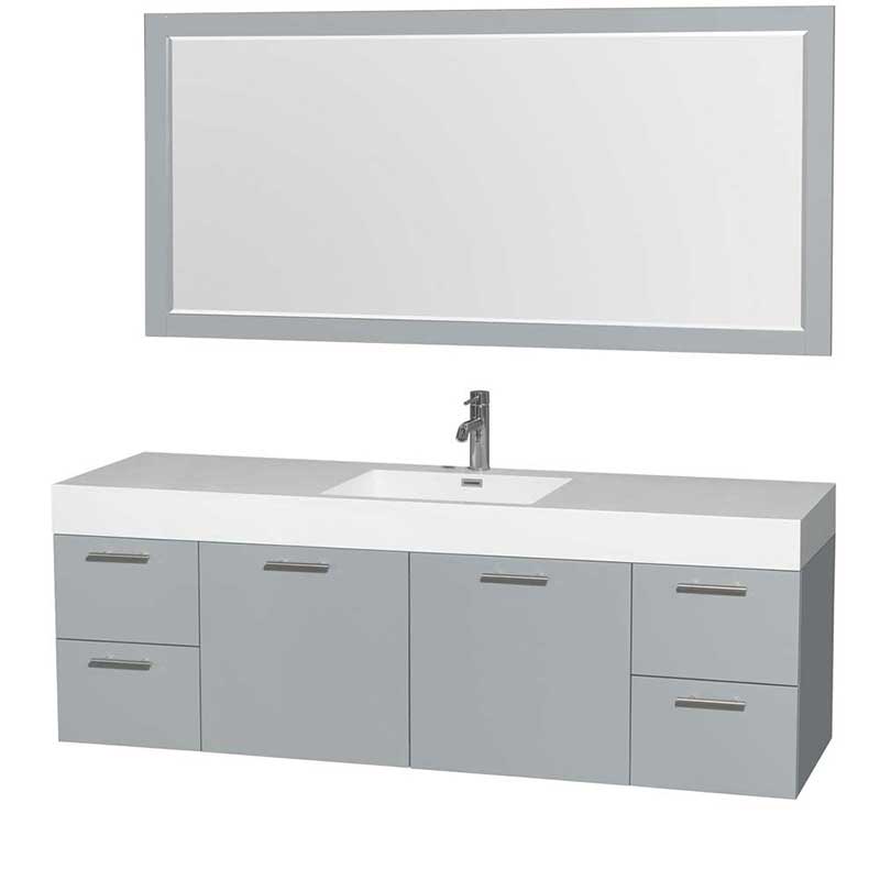 Amare 72" Single Bathroom Vanity in Dove Gray, Acrylic Resin Countertop, Integrated Sink and 70" Mirror