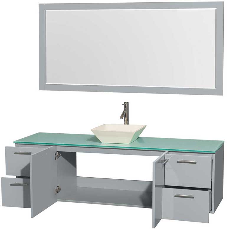 Amare 72" Single Bathroom Vanity in Dove Gray, Green Glass Countertop, Pyra Bone Porcelain Sink and 70" Mirror 2