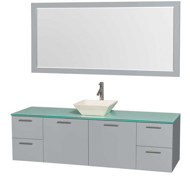 Amare 72" Single Bathroom Vanity in Dove Gray, Green Glass Countertop, Pyra Bone Porcelain Sink and 70" Mirror