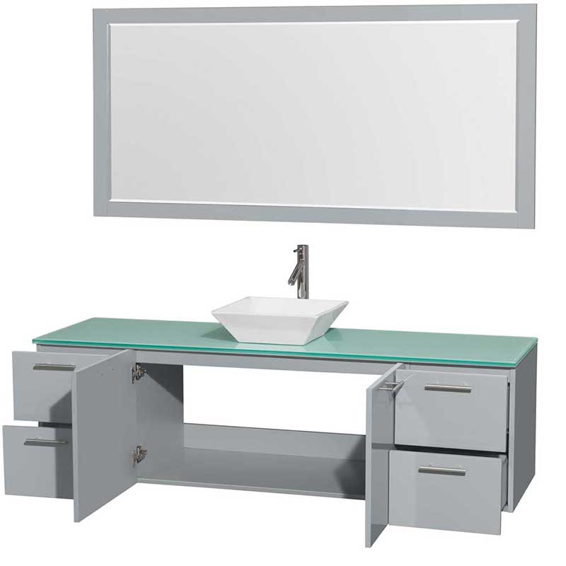 Amare 72" Single Bathroom Vanity in Dove Gray, Green Glass Countertop, Pyra White Porcelain Sink and 70" Mirror 2