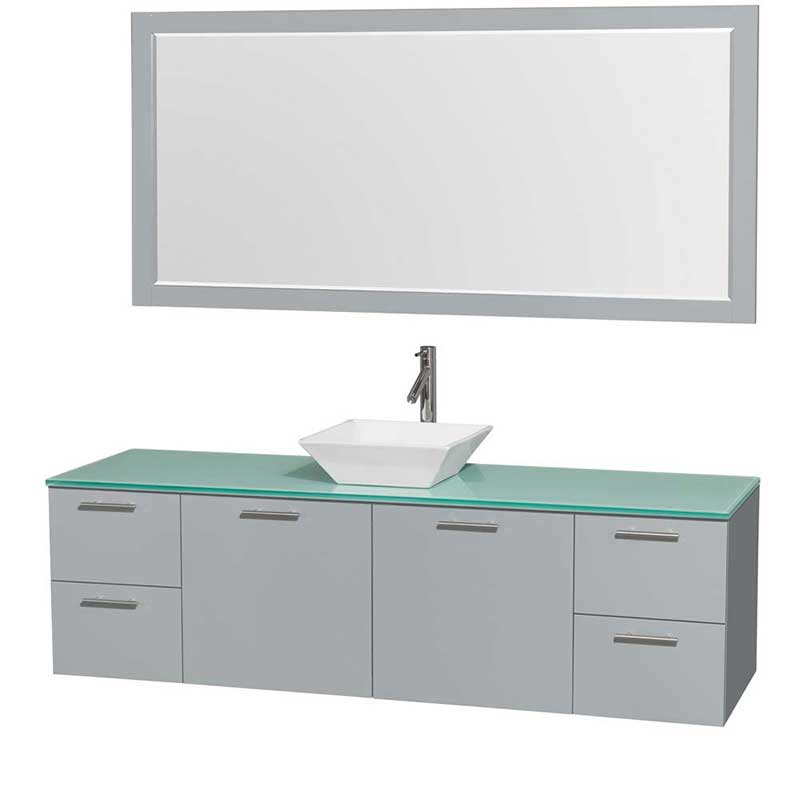 Amare 72" Single Bathroom Vanity in Dove Gray, Green Glass Countertop, Pyra White Porcelain Sink and 70" Mirror