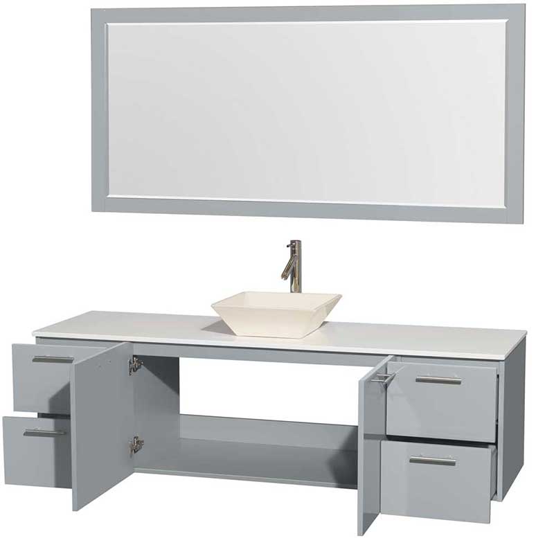Amare 72" Single Bathroom Vanity in Dove Gray, White Man-Made Stone Countertop, Pyra Bone Porcelain Sink and 70" Mirror 2