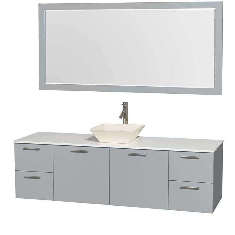 Amare 72" Single Bathroom Vanity in Dove Gray, White Man-Made Stone Countertop, Pyra Bone Porcelain Sink and 70" Mirror