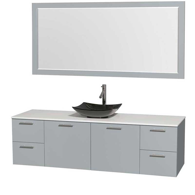 Amare 72" Single Bathroom Vanity in Dove Gray, White Man-Made Stone Countertop, Arista Black Granite Sink and 70" Mirror