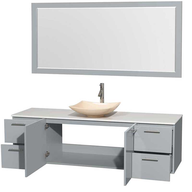 Amare 72" Single Bathroom Vanity in Dove Gray, White Man-Made Stone Countertop, Arista Ivory Marble Sink and 70" Mirror 2