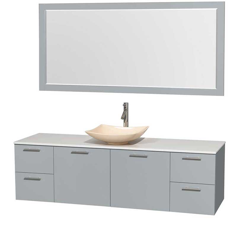 Amare 72" Single Bathroom Vanity in Dove Gray, White Man-Made Stone Countertop, Arista Ivory Marble Sink and 70" Mirror