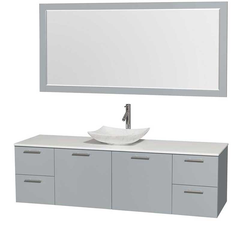 Amare 72" Single Bathroom Vanity in Dove Gray, White Man-Made Stone Countertop, Arista White Carrera Marble Sink and 70" Mirror