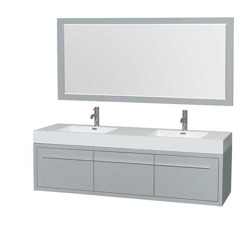 Axa 72" Double Bathroom Vanity in Dove Gray, Acrylic Resin Countertop, Integrated Sinks and 70" Mirror