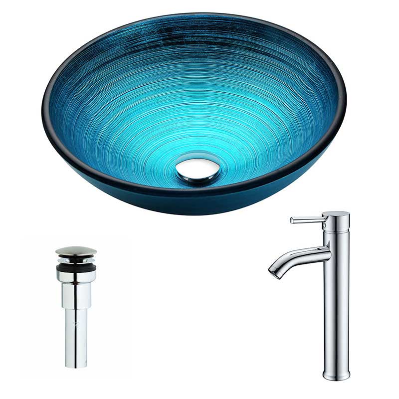 Anzzi Enti Series Deco-Glass Vessel Sink in Lustrous Blue with Fann Faucet in Chrome