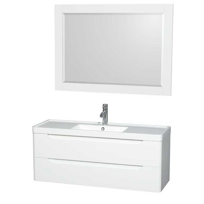 Wyndham Collection Murano 48 inch Single Bathroom Vanity in Glossy White, Acrylic-Resin Countertop, Integrated Sink, and 46 inch Mirror