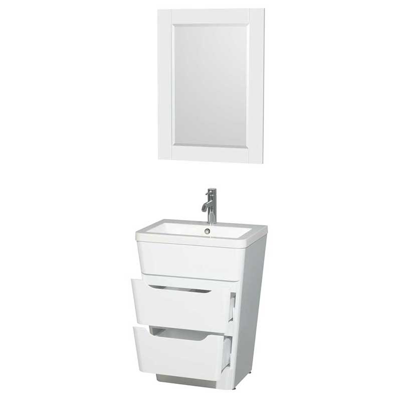Wyndham Collection Caprice 24 inch Pedestal Bathroom Vanity in Glossy White, Acrylic-Resin Countertop, Integrated Sink, and 24 inch Mirror 2