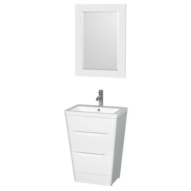 Wyndham Collection Caprice 24 inch Pedestal Bathroom Vanity in Glossy White, Acrylic-Resin Countertop, Integrated Sink, and 24 inch Mirror