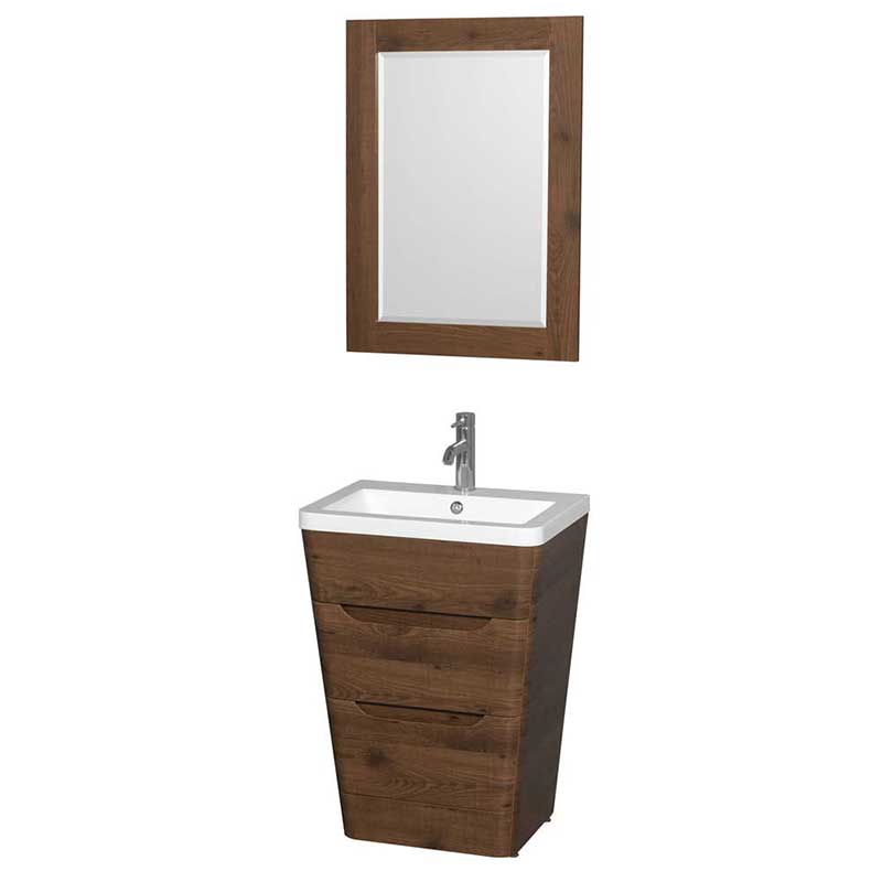Wyndham Collection Caprice 24 inch Pedestal Bathroom Vanity in Walnut, Acrylic-Resin Countertop, Integrated Sink, and 24 inch Mirror