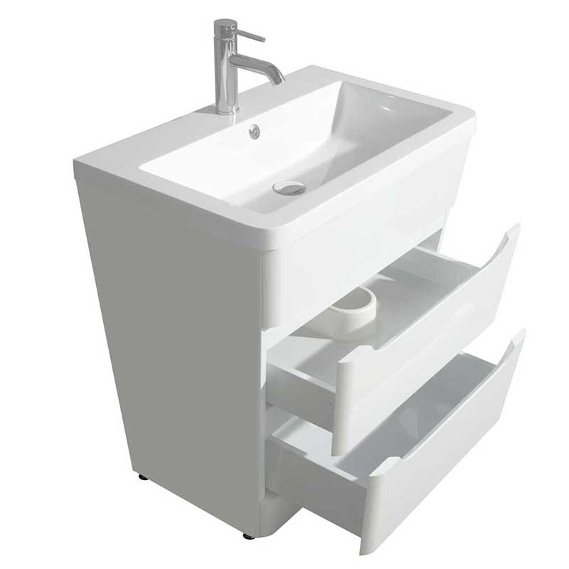 Wyndham Collection Caprice 30 inch Pedestal Bathroom Vanity in Glossy White, Acrylic-Resin Countertop, Integrated Sink, and 24 inch Mirror 4