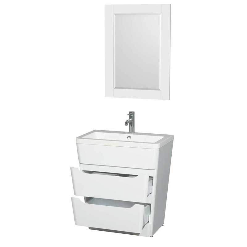 Wyndham Collection Caprice 30 inch Pedestal Bathroom Vanity in Glossy White, Acrylic-Resin Countertop, Integrated Sink, and 24 inch Mirror 2