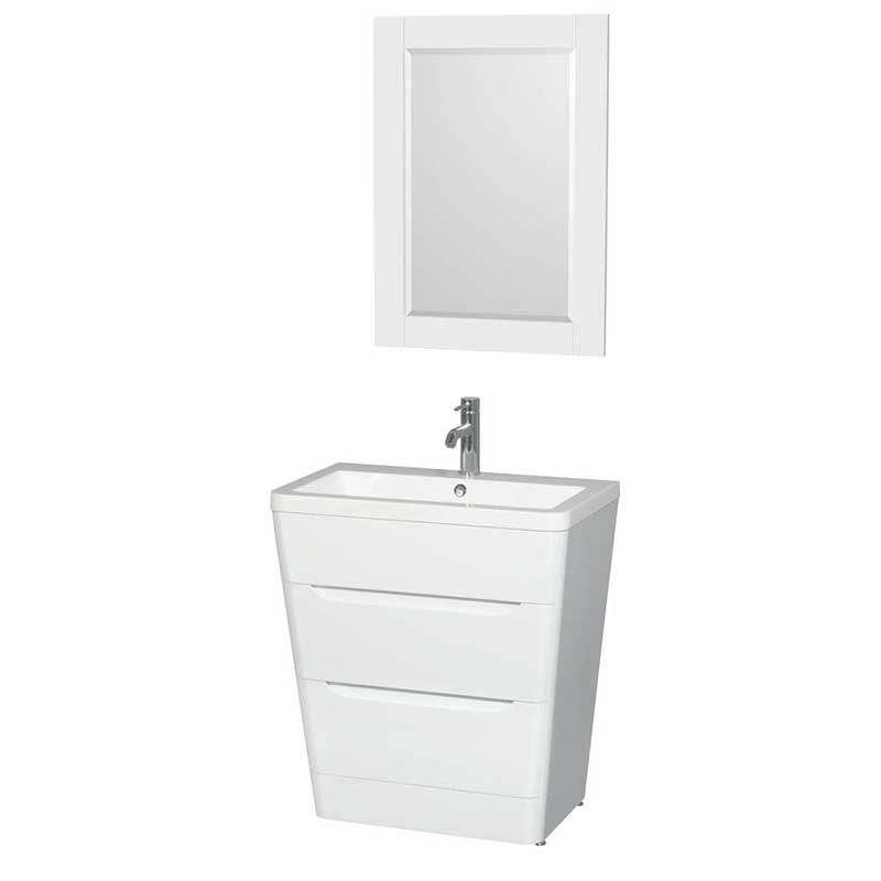 Wyndham Collection Caprice 30 inch Pedestal Bathroom Vanity in Glossy White, Acrylic-Resin Countertop, Integrated Sink, and 24 inch Mirror