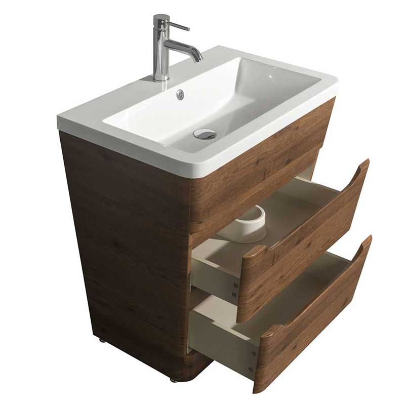 Wyndham Collection Caprice 30 inch Pedestal Bathroom Vanity in Walnut, Acrylic-Resin Countertop, Integrated Sink, and 24 inch Mirror 4