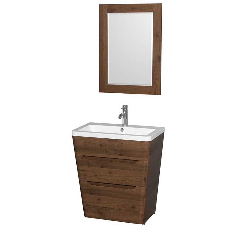 Wyndham Collection Caprice 30 inch Pedestal Bathroom Vanity in Walnut, Acrylic-Resin Countertop, Integrated Sink, and 24 inch Mirror