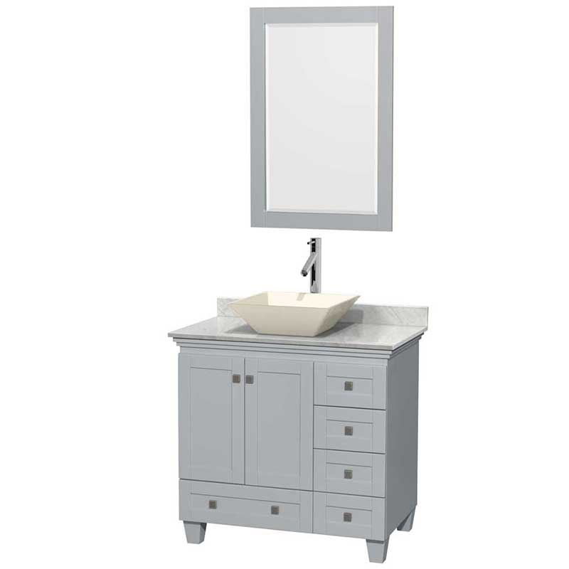 Acclaim 36" Single Bathroom Vanity in Oyster Gray, White Carrera Marble Countertop, Pyra Bone Porcelain Sink and 24" Mirror