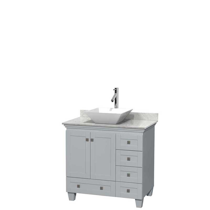 Acclaim 36" Single Bathroom Vanity in Oyster Gray, White Carrera Marble Countertop, Pyra White Porcelain Sink and No Mirror