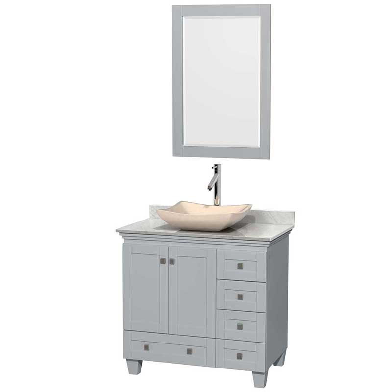 Acclaim 36" Single Bathroom Vanity in Oyster Gray, White Carrera Marble Countertop, Avalon Ivory Marble Sink and 24" Mirror