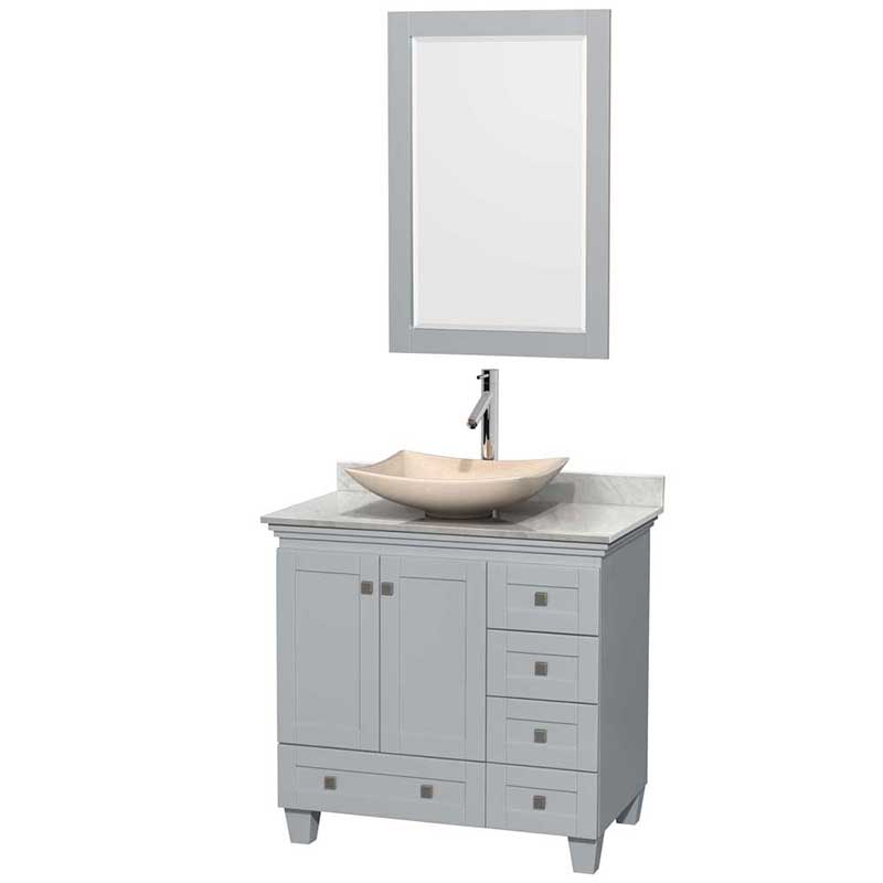 Acclaim 36" Single Bathroom Vanity in Oyster Gray, White Carrera Marble Countertop, Arista Ivory Marble Sink and 24" Mirror