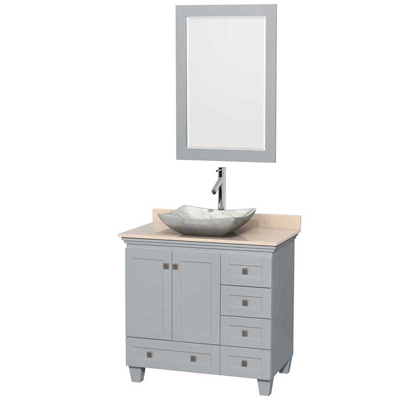 Acclaim 36" Single Bathroom Vanity in Oyster Gray, Ivory Marble Countertop, Avalon White Carrera Marble Sink and 24" Mirror