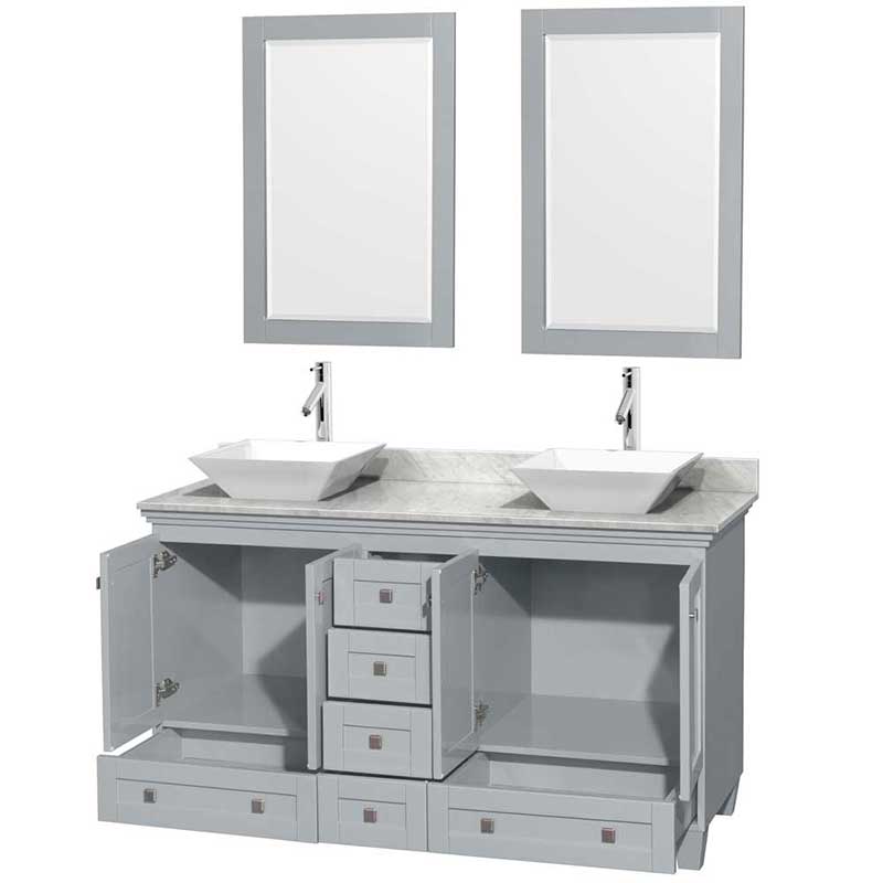 Acclaim 60" Double Bathroom Vanity in Oyster Gray, White Carrera Marble Countertop, Pyra White Porcelain Sinks and 24" Mirrors 2