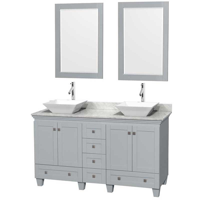Acclaim 60" Double Bathroom Vanity in Oyster Gray, White Carrera Marble Countertop, Pyra White Porcelain Sinks and 24" Mirrors