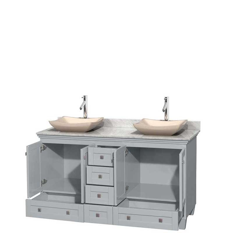 Acclaim 60" Double Bathroom Vanity in Oyster Gray, White Carrera Marble Countertop, Avalon Ivory Marble Sinks and No Mirrors 2