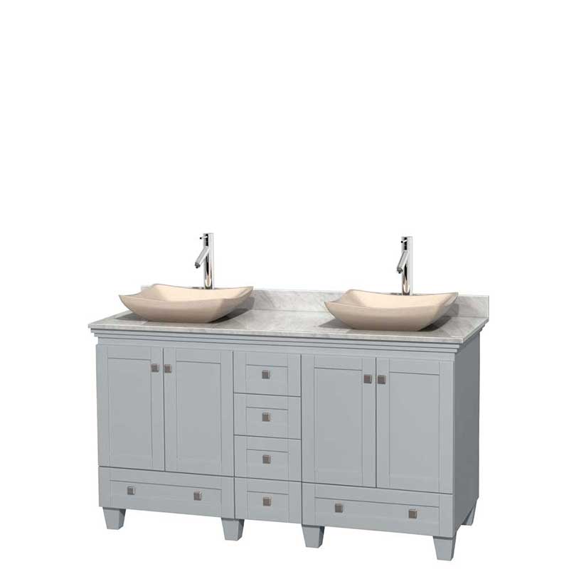 Acclaim 60" Double Bathroom Vanity in Oyster Gray, White Carrera Marble Countertop, Avalon Ivory Marble Sinks and No Mirrors