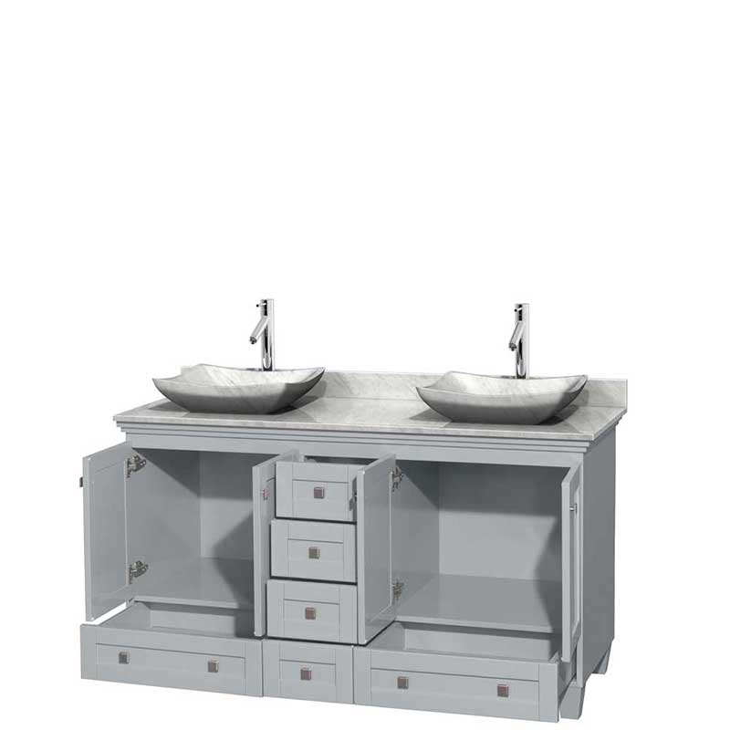 Acclaim 60" Double Bathroom Vanity in Oyster Gray, White Carrera Marble Countertop, Avalon White Carrera Marble Sinks and No Mirrors 2