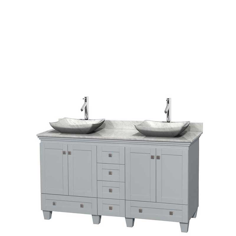 Acclaim 60" Double Bathroom Vanity in Oyster Gray, White Carrera Marble Countertop, Avalon White Carrera Marble Sinks and No Mirrors