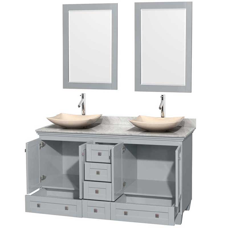 Acclaim 60" Double Bathroom Vanity in Oyster Gray, White Carrera Marble Countertop, Arista Ivory Marble Sinks and 24" Mirrors 2
