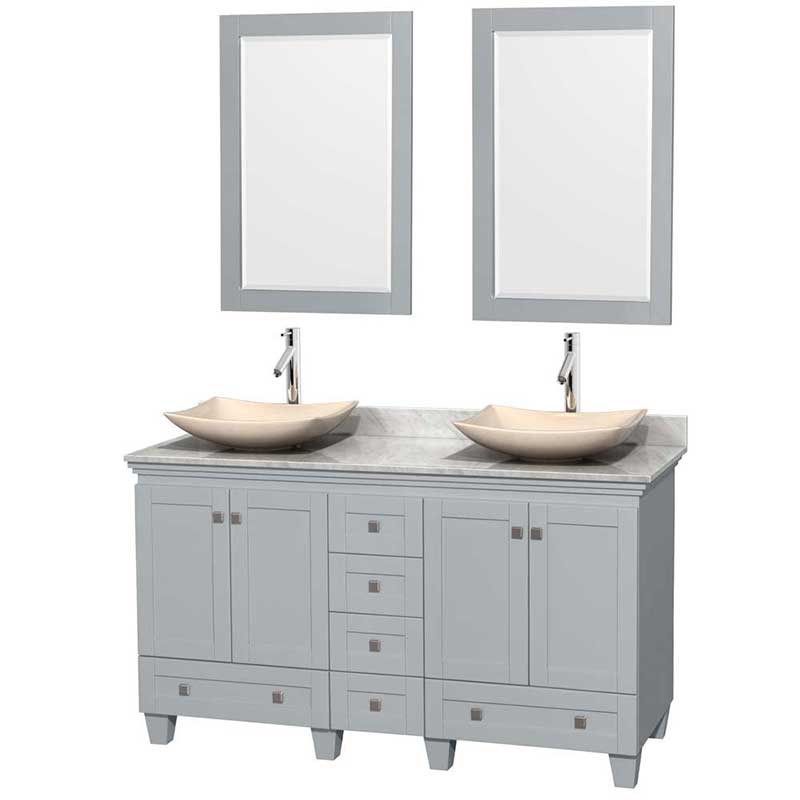 Acclaim 60" Double Bathroom Vanity in Oyster Gray, White Carrera Marble Countertop, Arista Ivory Marble Sinks and 24" Mirrors