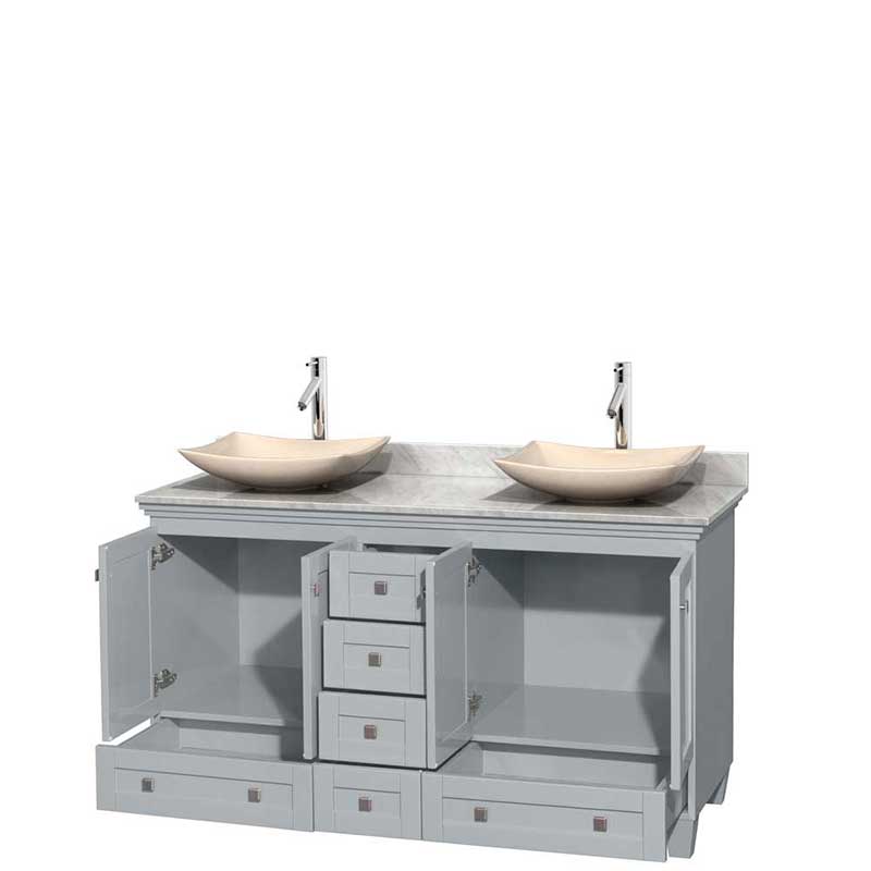 Acclaim 60" Double Bathroom Vanity in Oyster Gray, White Carrera Marble Countertop, Arista Ivory Marble Sinks and No Mirrors 2