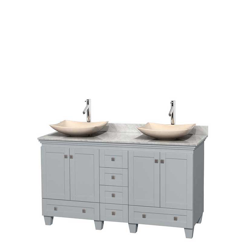 Acclaim 60" Double Bathroom Vanity in Oyster Gray, White Carrera Marble Countertop, Arista Ivory Marble Sinks and No Mirrors