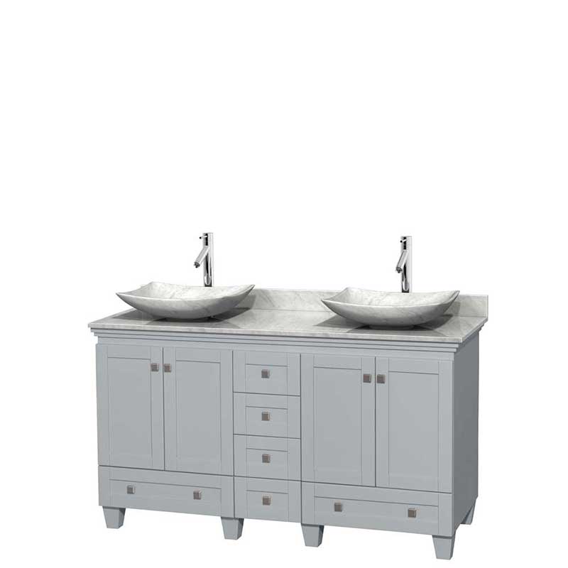 Acclaim 60" Double Bathroom Vanity in Oyster Gray, White Carrera Marble Countertop, Arista White Carrera Marble Sinks and No Mirrors