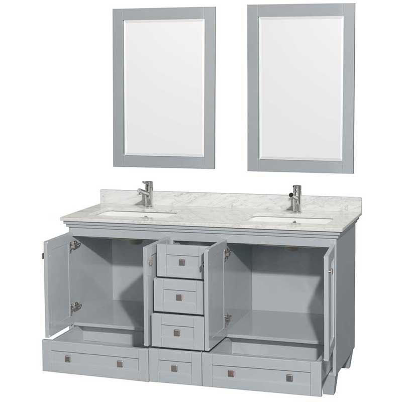 Acclaim 60" Double Bathroom Vanity in Oyster Gray, White Carrera Marble Countertop, Undermount Square Sinks and 24" Mirrors 2