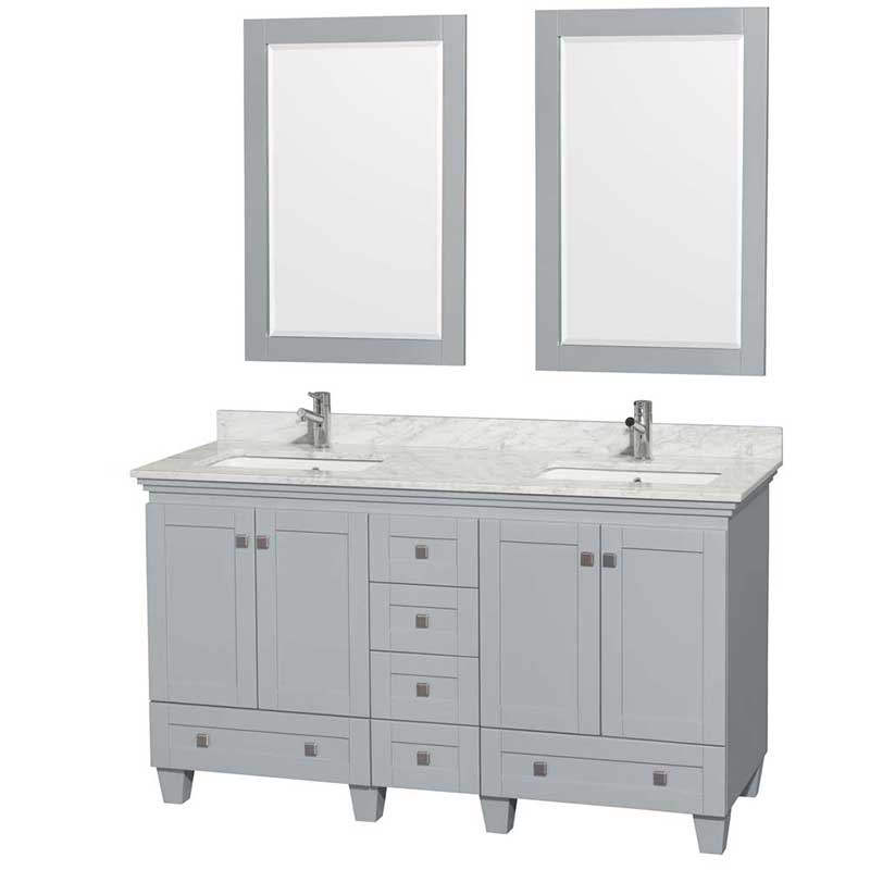 Acclaim 60" Double Bathroom Vanity in Oyster Gray, White Carrera Marble Countertop, Undermount Square Sinks and 24" Mirrors