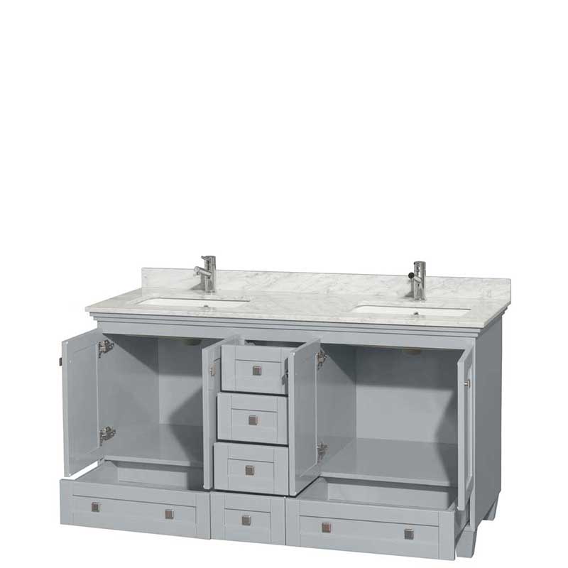 Acclaim 60" Double Bathroom Vanity in Oyster Gray, White Carrera Marble Countertop, Undermount Square Sinks and No Mirrors 2